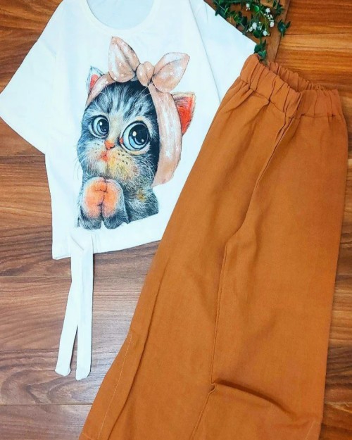  ست دخترانه کراپ و شلوار کنفی گربه 